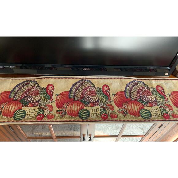 Thanksgiving Autumn Turkeys & Pumpkins Cotton Tapestry 13”x72” Table Runner - Picture 1 of 4